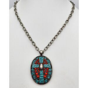 Oval Turquoise Blue & Red Enamel Cross Pendant Necklace Millgrain Detail 18 + 3"